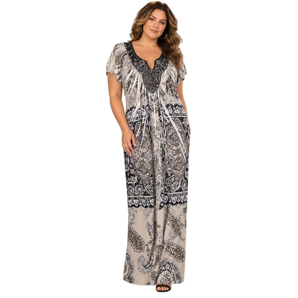 APT 9  Maxi Dress Studded Applique Black/White/Tan Sz 1X